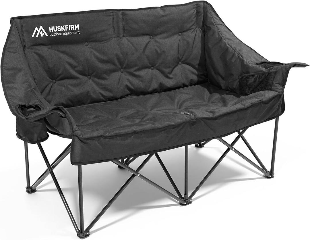 Huskfirm Double Camping Chair Padded Camping Chairs Heavy Duty 2 Person Camping Chair Oversized Loveseat Camping Chair with Cup Holders Camping Couch Support 800LBS, Black