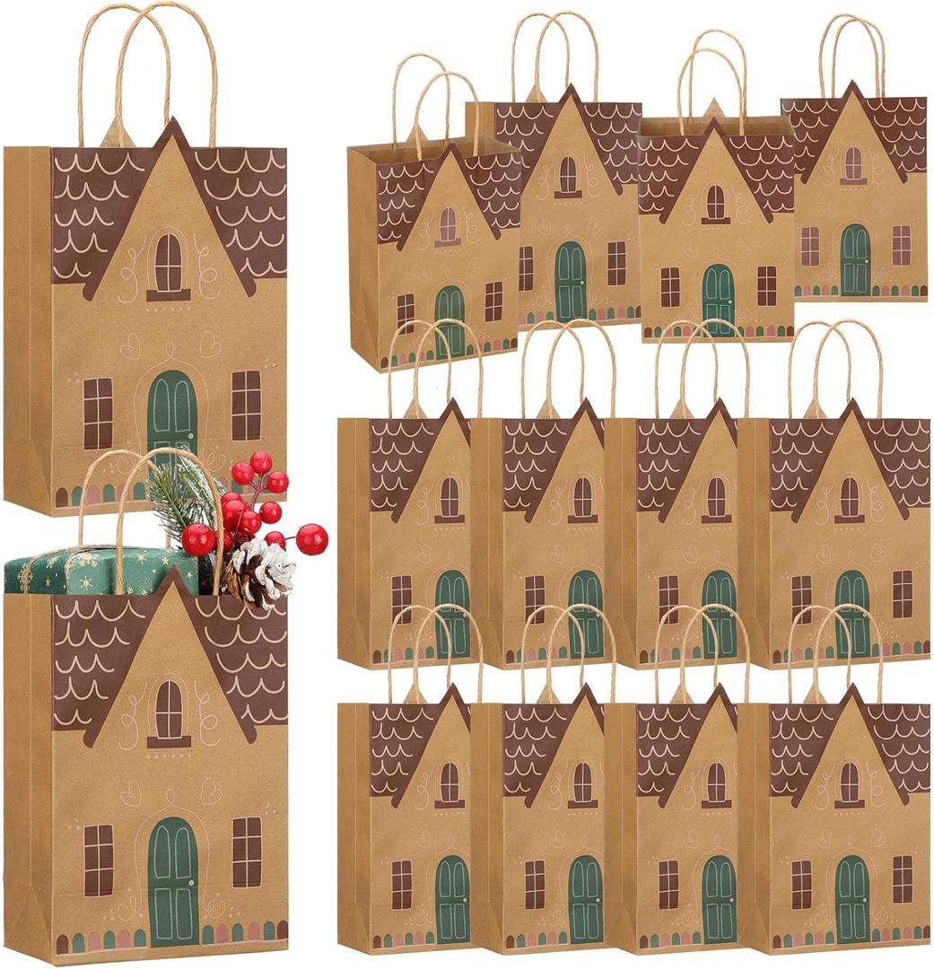 Marspark 24 Pcs Christmas Gift Bags Gingerbread House Gift Bag Vintage Christmas Paper Party Candy Treat Goodie Bags with Handle Brown Kraft Party Favor for Holiday Wrapping Present