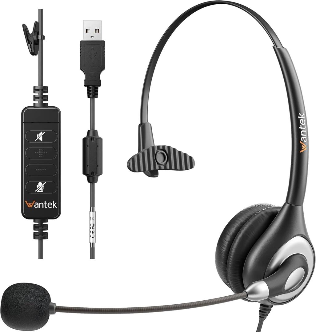 Wantek USB Headset with Microphone for PC, Computer Headset with Noise Canceling Microphone with Mute for Home Office Online Skype Zoom Meetings