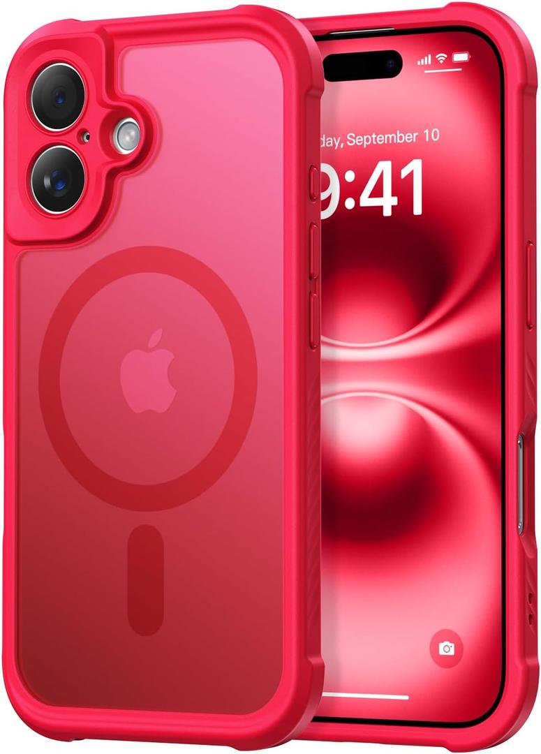 Thomo Magnetic for iPhone 16 Case, [Full Camera Protection] [Compatible with Magsafe] Military-Grade Shockproof, Anti-Fingerprint Translucent Matte Phone Case,Red