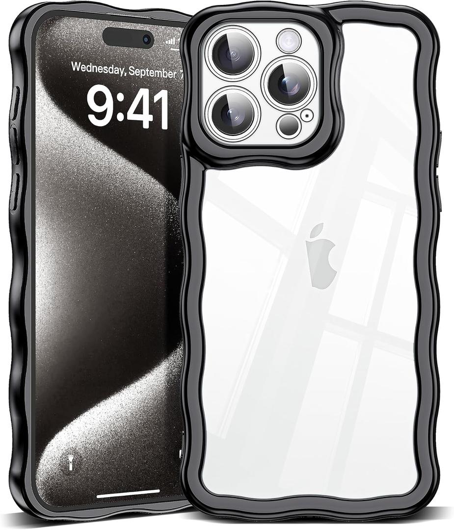 4 x  SKYLMW Compatible with iPhone 15 Case 6.1" 2023, Cute Kawaii Curly Wave Frame Shape Soft Silicone Shockproof Protective Phone Cover for Women Girls, Black