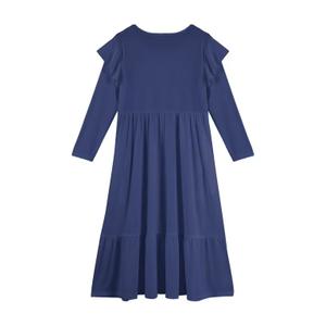 MITILLY Girls Fall Dress Flower Long Sleeve Crew Neck A-Line Elastic Waist Ruffle Swing Maxi Dresses with Belt 8 Years Dark Blue Size XXL