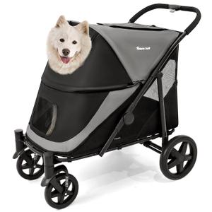 Dog Stroller for Medium/Large Dogs One-Click Folding 4 Wheel Pet Foldable Dog Stroller for 2 Dogs Jogger with Storage Pocket Suitable for Pets Up to 110LBS (Black&Grey)
