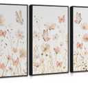 3Pcs Nursery Wildflower Wall Art Pink Floral Canvas Poster Prints Neutral Toned Botanical Painting Flower Butterfly Picture Wall Decor for Living Room Bedroom Dining Room Office 12x16in Unframed