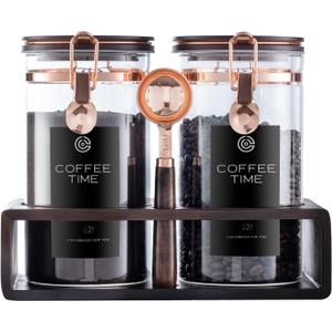 Glass Coffee Canister Set with Wooden Shelf, 2 Pack 45oz Airtight Food Storage Containers with Lids & Spoons, Large nisters for Coffee Beans, Sugar, Tea, Nuts