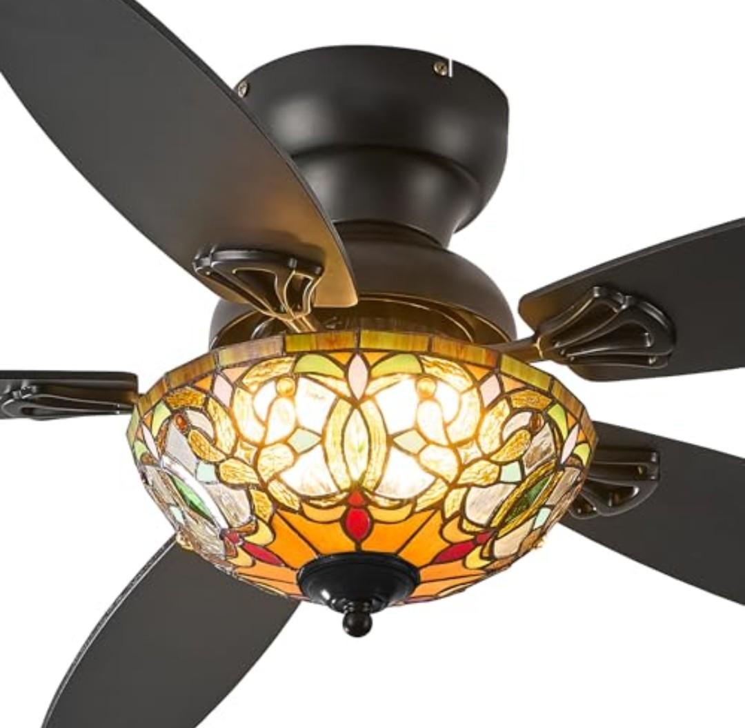 Yanokooe Tiffany Ceiling Fans with Lights - 48" Ceiling Fan Chandelier with 5 Dual-Blades and Glass Shade, 6 Speeds and Reversible, Indoor and Outdoor, Retro Style
