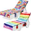 2 Pcs Pool Lounge Chair Towel Cover with 3 Pockets, 85 x 30 Inch Beach Pool Chair Towels Microfiber Chaise Lounge Covers for Outdoor Summer Sunbathing Beach Garden Lounger(Tie Dye)