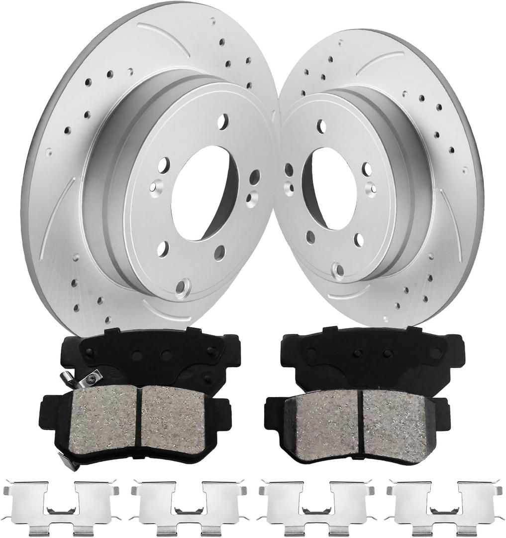 2 x Rear Brake Pads and Rotors Kit Vented Compatible with Hyundai Sonata 2005-2008 w/3.3 V6 Engine, Drilled Slotted Brake Rotors Ceramic Brake Pads Geomet Coated 11.2in(284mm)