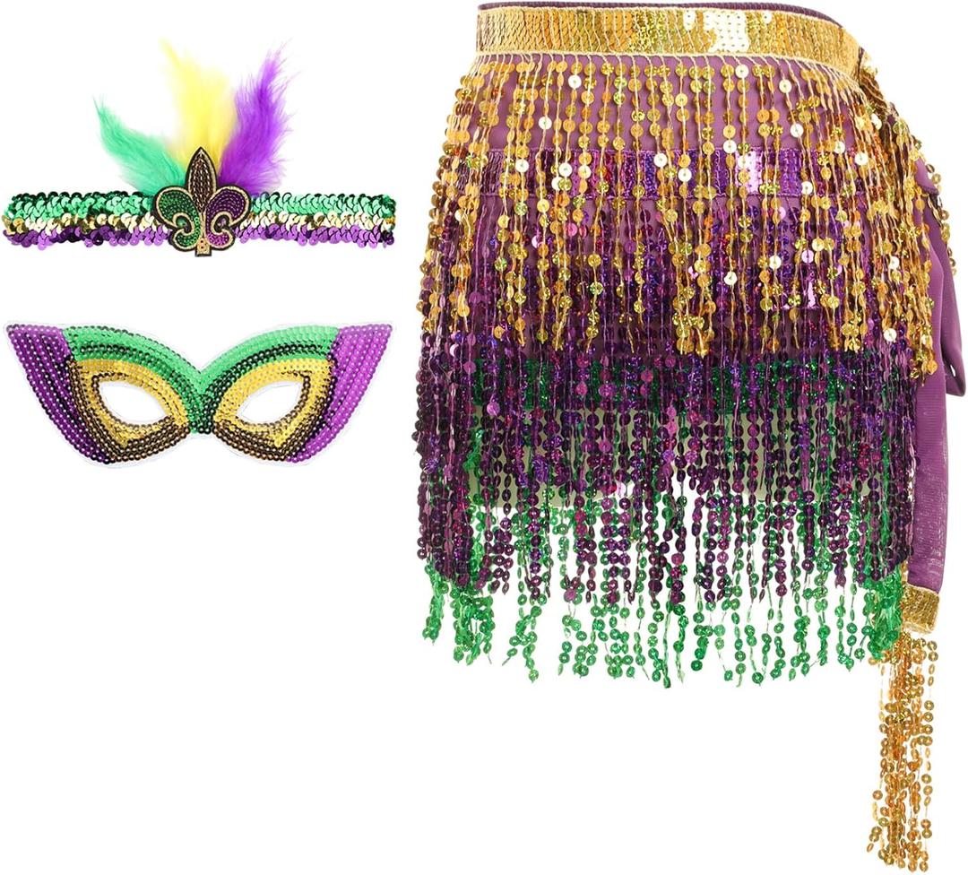 3Pcs Mardi Gras Costume Accessories Set Mardi Gras Outfits Sequin Tassel Skirt Faux Belly Dance Skirt Feather Headband Sequin Mask for Women Girls Carnival Halloween Party