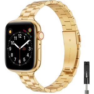 Thin Band Compatible with Apple Watch 44mm/45mm/46mm/49mm/42mm(Series 3 2 1), Premium Stainless Steel Metal Replacement Adjustable Wristband Strap for iWatch Ultra SE Series 9/8/7/6/5/4/3/2/1 Women (Gold)