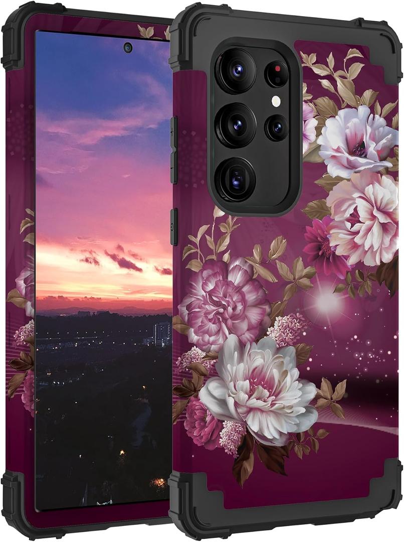 Hocase for Galaxy S25 Ultra Case, Shockproof Heavy Duty Hard Plastic+Soft Silicone Rubber Bumper Hybrid Dual-Layer Protective Case for Samsung Galaxy S25 Ultra 6.9" 2025 - Royal Purple Flowers
