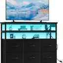 TV Stand for 45 Inch TV, 6-Drawer Dresser with 3-Tier Open Shelves, LED Lights, Charging Station, Wood Top Entertainment Center for Bedroom, Living Room, Hallway, Black