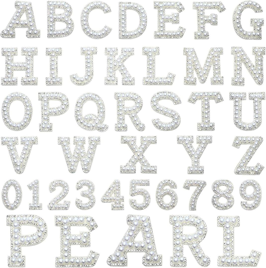 36 Pieces Iron on Letter A-Z 0-9 White Pearl Rhinestone Chenille Letter Patches Iron on Glitter Alphabet Number Bling Patches Decorative Repair Patches for Fabric Shirts Crafts Clothing DIY Decor