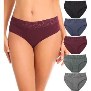 Womens Underwear Cotton Lace Panties Soft Bikini Panty Comfortable Hipster Stretch Full Ladies Briefs 5 Pack, Large