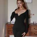 Women's Sexy Long Sleeve Bodycon Jumpsuit Tight Wide Leg Full Length Romper (Black)