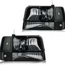Headlight Assembly, Headlights Kit Compatible with 1992-1996 Ford F150 F250 F350/1992-1996 Bronco Replacement Headlamp Bumper Lamp Set Black Housing Clear Reflector