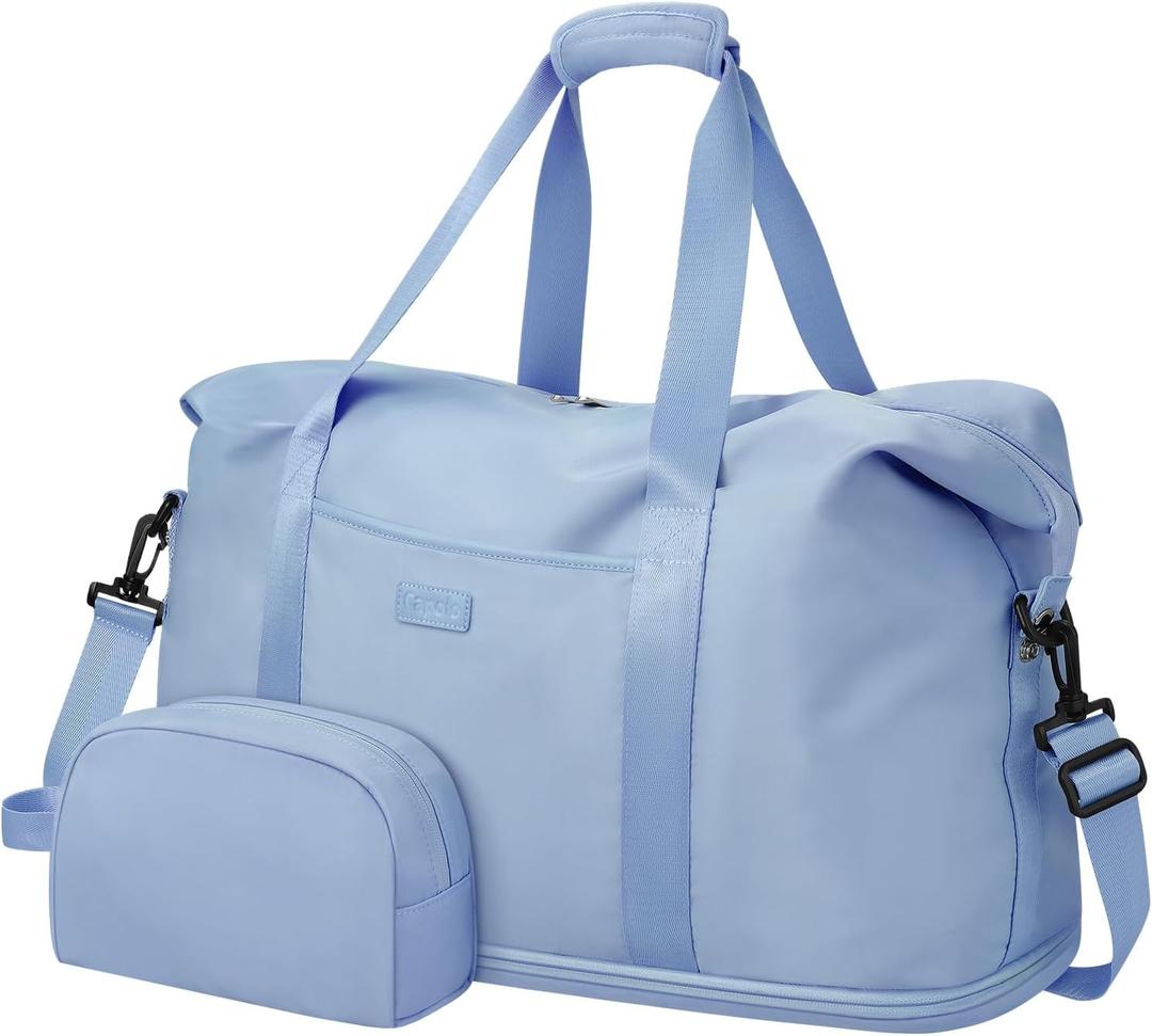 Expandable Travel Duffle Bags Weekender Overnight Bags for Women Men Hospital Bag for Women Labor Delivery with Toiletry Bag Waterproof (Large, Light Blue)