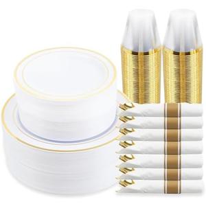 350 Piece Gold Dinnerware Set,100 Plastic Plates, 50 Cups,50 Pre-Rolled Napkins with Plastic Silverware, Disposable Gold Dinnerware Set for 50 Guests
