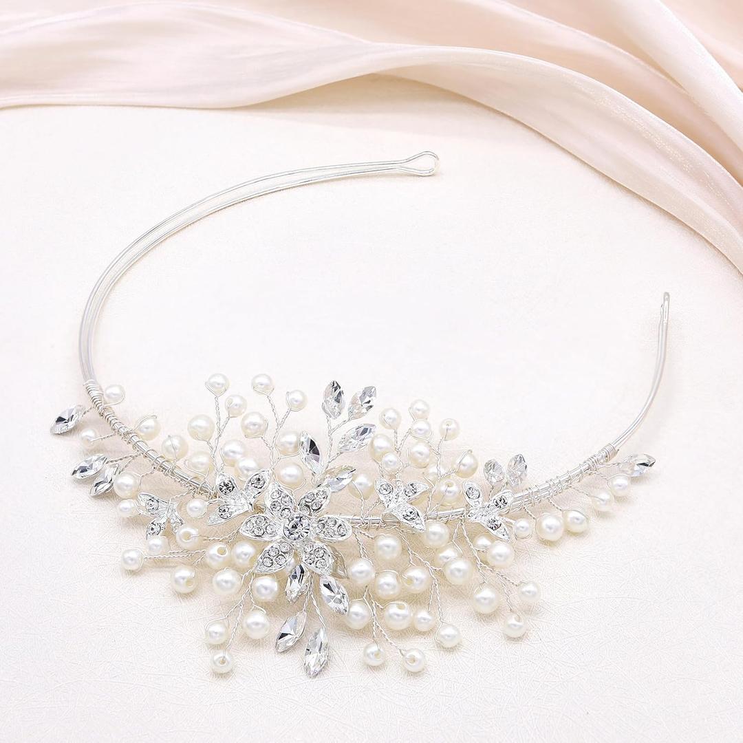 Oriamour Silver Bridal Headband With Rhinestones and Pearls Wedding Headpieces Bridal Hair Accessories For Wedding, Party, Prom, Homecoming