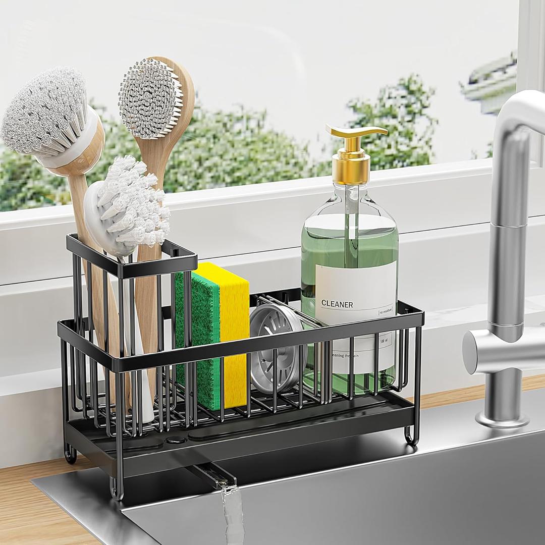Cisily Black Sponge Holder for Kitchen Sink, Sink Caddy Organizer with High Brush Holder, Kitchen Countertop Organizers and Storage Essentials, Rustproof 304 Stainless Steel, Soap Dispenser Organize (Black)