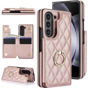 for Samsung Galaxy Z Fold 5 Wallet Case with Ring and Credit Card Holder, Cash Slot, Premium Diamond Leather Magnetic Clasp Kickstand Heavy Duty Protective Cover.(RoseGold)