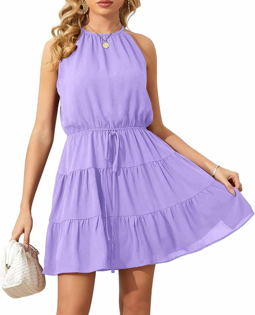 Summer Dress for Women Chiffon Blouses Skirt Spaghetti Sleeveless Tops Halter Ruffle Romper Sun Flowy Summer Outfits, Purple, M 