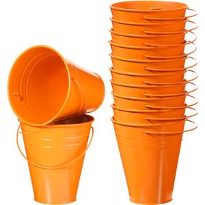 Ripeng 12 Pack Galvanized Buckets, Metal Bucket with Handle, 5 Inch, Tin, Mini Round Flower Pot Plant Basket, Party Supplies for Candy Bars Vase Crafts Favor(Orange)