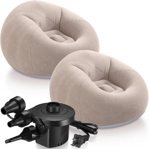 Realspring 2 Pcs Inflatable Bean Bag Chairs with Electric Air Pump Outdoor Blow up Chair Inflatable Lazy Sofa Folding Portable Loungers Couch for Living Room Bedroom(Brown)