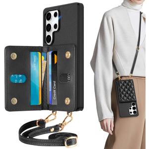 TUCCH Crossbody Wallet Case for Galaxy S25 Ultra, RFID Blocking [6 Card Slots][Detachable Lanyard], Magnetic Closure Flip Wallet PU Leather Shockproof Phone Cover for Galaxy S25 Ultra, Black Argyle