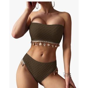 ZAFUL Women Strapless Bandeau Bikini Shell 2 Piece Swimwear Cheeky Solid Lace up Pom Bathing Suits M