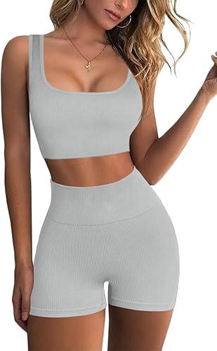 QINSEN Workout Sets for Women 2 Piece Seamless Ribbed Crop Tank High Waist Shorts Yoga Outfits (Small, Light Blue)