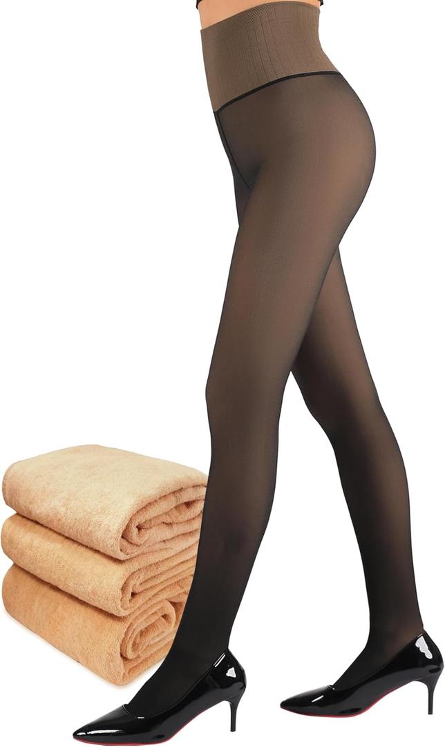 Fleece Lined Tights Women, Control Top Thermal Tights for Women, Fake Translucent Winter Warm Tights (XX-Large, Black)