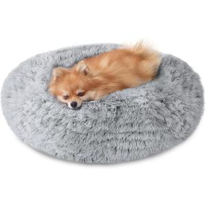 JOLLYVOGUE Small Dog & Cat Beds for Indoor Cats, Donut Cuddler Warming Soft Dog Beds with Anti-Slip Bottom, Round Calming Fluffy Plush Faux Fur Cushion Bed for Small Dogs (20", Smoke Grey)