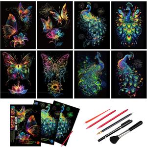 Scratch Art Paper for Adults, 8 Sheets 11.2 x 8.2 inches,Rainbow Scratch Art DIY Craft Gift 5 Paint by Scratch Tools  Butterfly & Peacock