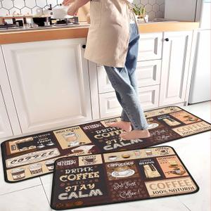 Coffee Kitchen Rugs and Mats Non-Slip, Washable, Stain and Fade Resistant, Suitable for Kitchen Mat Set of 2 Coffee Kitchen Decor 17" x47"+17"x30" (Color-60)