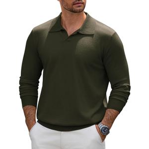 Mens Knit Polo Sweater Long Sleeve V Neck Casual Golf Polo Lightweight Collar Pullover Sweaters (X-Large, Army Green)