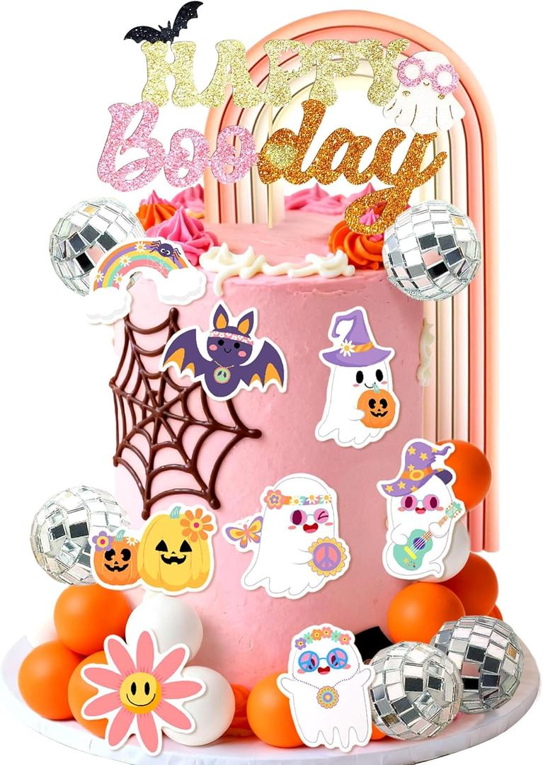 JeVenis Groovy Hippie Halloween Birthday Decorations Happy Boo Day Spooky Cake Toppers Halloween Party Decor Boho Ghost Bday Decor for Girls' Birthday