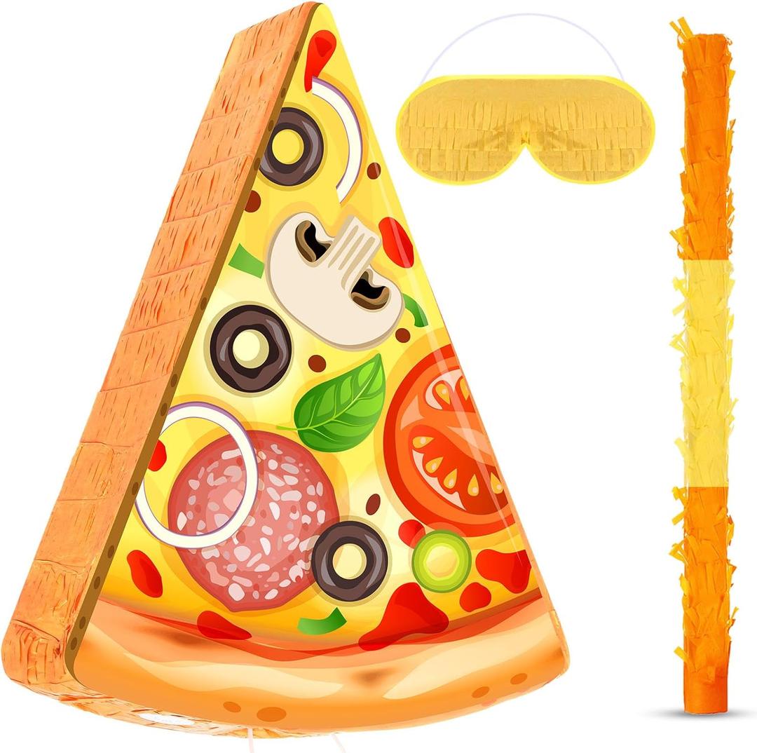 Pizza Piata - Pizza Decorations for Kids Food Themed Birthday Party Piata with Blindfold and Bat for Summer Mexican Party Supplies, 16.1 x 13 x 3.2 inches