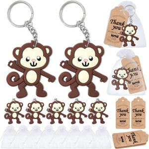 60 Pack Monkey Party Favors Include 20 Keychains + 20 Thank You Tags + 20 Goodie Bags for Monkey Lover, Birthday Return Gift, Safari Jungle Zoo Animal Party, Wild One Party