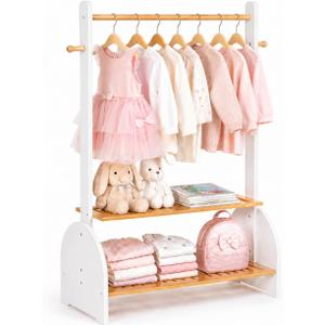BAMBOOHOMIE Kids Clothing Rack with Adjustable Rods, Children Clothes Garment Rack for Kids Baby Pet, Kids Dress Up Rack with 2 Bottom Shelves, Kids Wardrobe Closet for Toddlers Nursery (White)