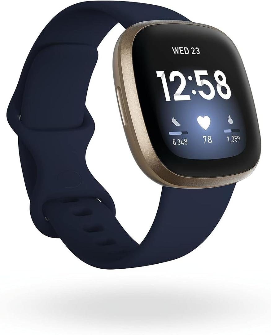 Fitbit Versa 3 Health & Fitness Smartwatch with GPS, 24/7 Heart Rate, Alexa Built-in, 6+ Days Battery, Midnight Blue/Gold, One Size (S & L Bands Included)