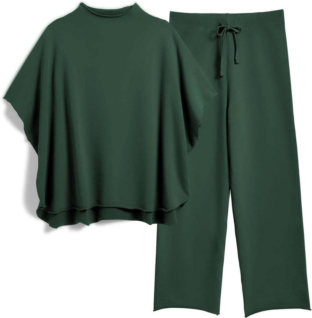 Women's Two Piece Outfits 3/4 Batwing Sleeve Capelet Crew Neck Pullover Top Wide Leg Pants Lounge Set (Large, Dark Green)