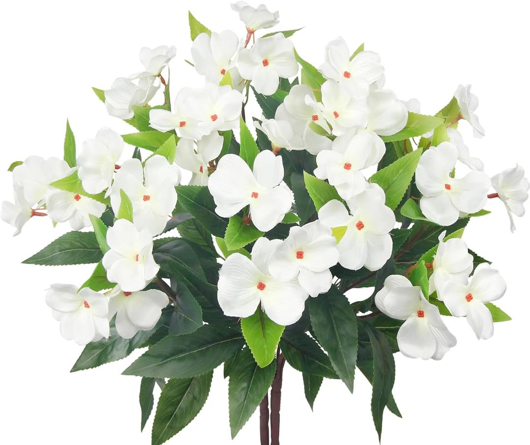 2 Pcs Artificial Impatiens Flowers for Outdoors Silk Flower Outside UV Resistant Fake Flowers Plants Bushes White Faux Impatiens for Outdoor Planters Front Porch Patio Garden Balcony Decor