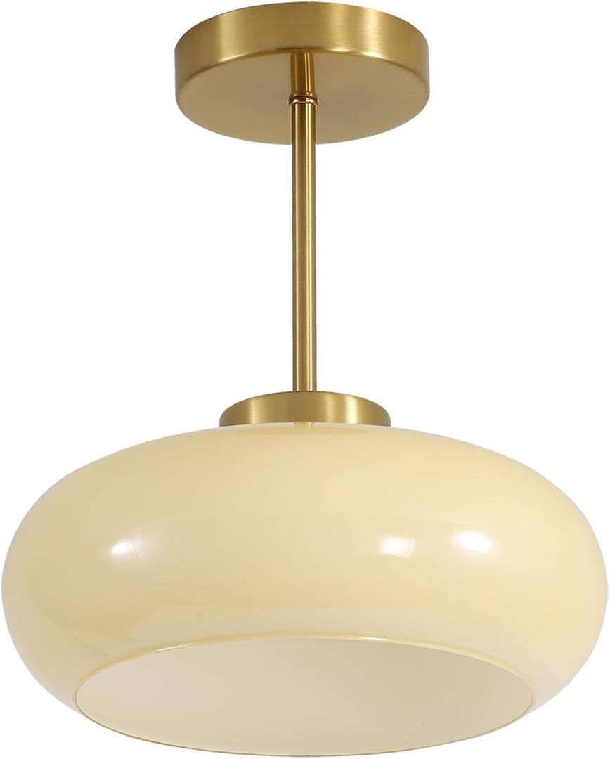 BOKT Large Yellow Glass Semi Flush Mount Ceiling Light Antique Brass Ceiling Light Dome Glass Close to Ceiling Light Vintage Ceiling Light Fixture Cream Schoolhouse Single Ceiling Lamp, BC1125-Y