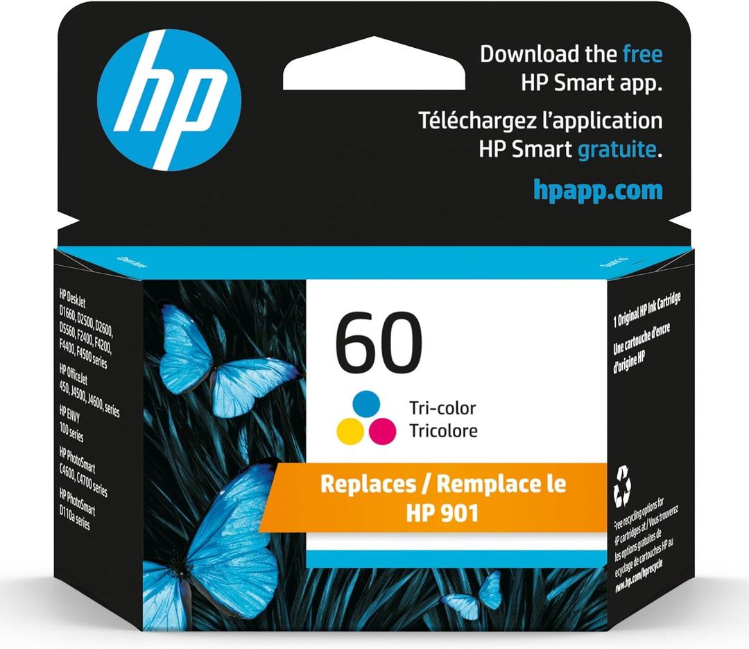 HP 60 Tri-color Ink Cartridge | Works with DeskJet D1660, D2500, D2600, D5560, F2400, F4200, F4400, F4580; ENVY 100, 110, 120; PhotoSmart C4600, C4700, D110a Series | CC643WN