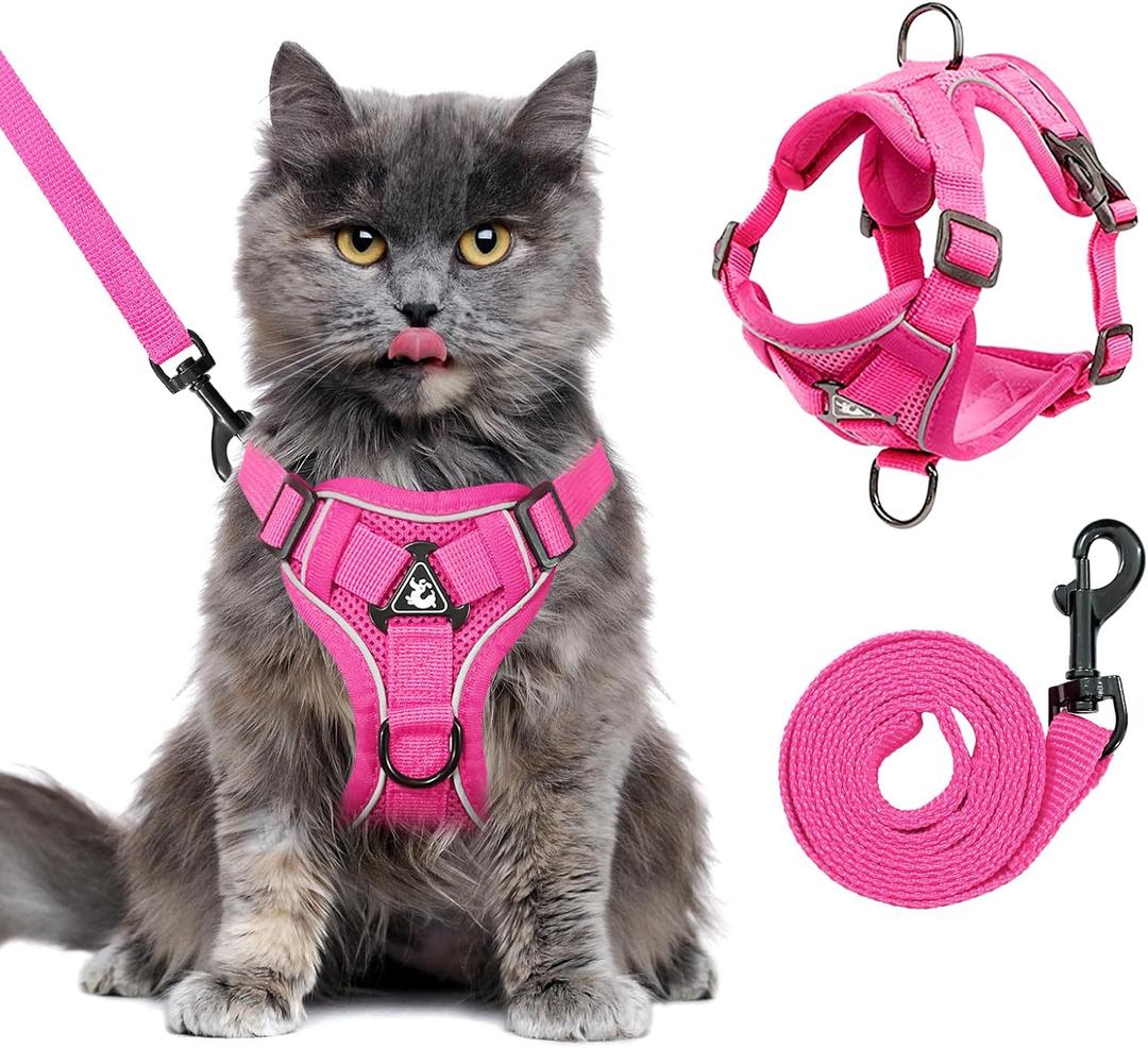 Large Cat Harness and Leash Set for Walking - Escape Proof Adjustable Vest, Reflective Breathable Mesh with 4 Buckles for Big Cats, L, Fuchsia