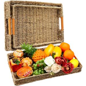 Suzile 2 Pcs Woven Rectangle Wicker Seagrass Tray with Handles - Basket Trays for Serving Food, Coffee Table, Home Shelf, Bathroom, Living Room, 19.6 x 11.8 x 1.9''