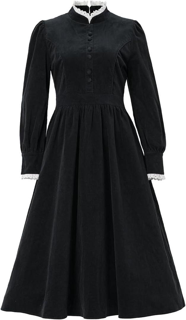 Womens Victorian Civil War Gown Stand Collar Regency Era Dress Edwardian Gown (Large, Black)