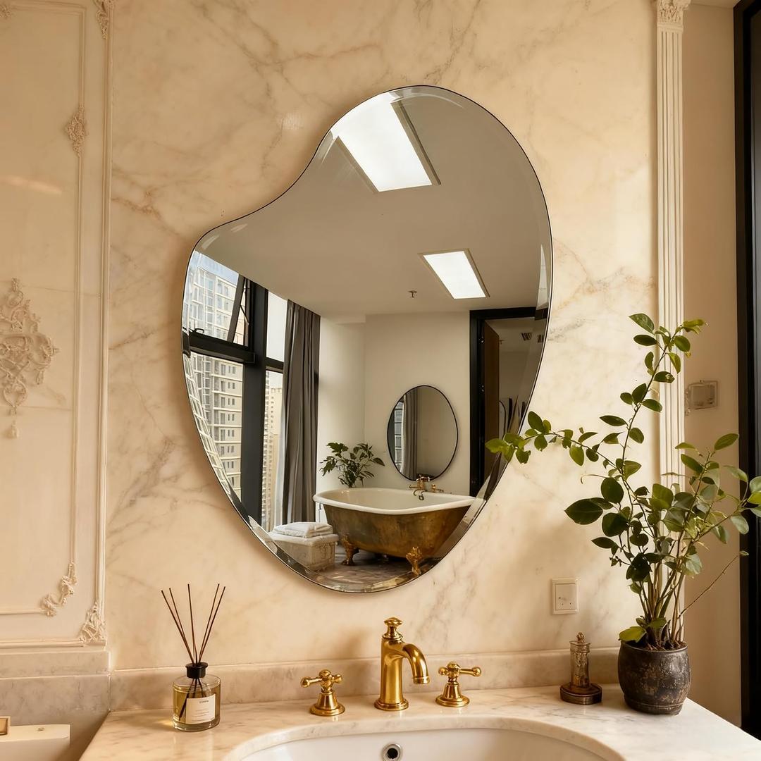 Heart Frameless Wall Mirror, 20 x 28 Inch, Beveled Edge Bathroom Mirror