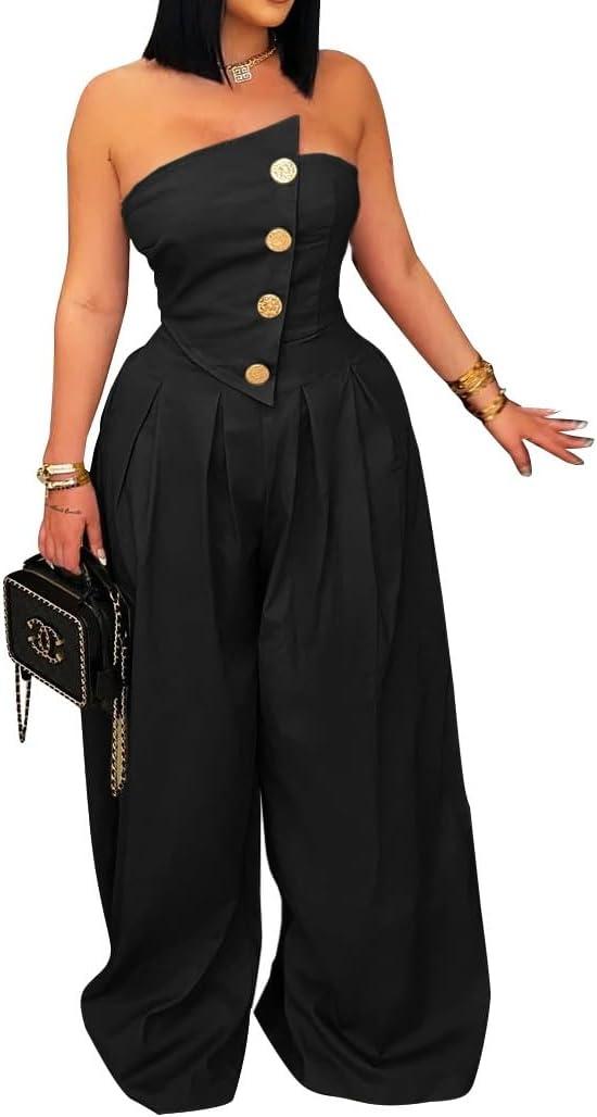 Womens Cargo Jumpsuit Sexy Strapless One Piece Outfit Off Shoulder Top Ruched Wide Leg Rompers Overalls Medium